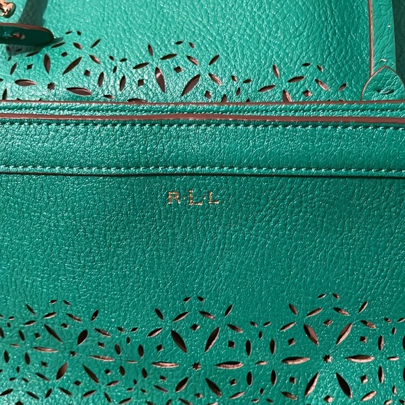 RALPH LAUREN Laser Cut Perforated Chantilly Tote Bag Clutch Green Purse Leather - Picture 5 of 16
